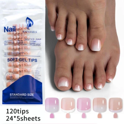 120pcs French White Toe False Nail Short Square Press on Nails for Nail Art US - Image 1 of 4