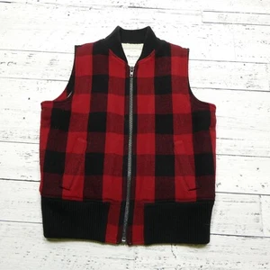 Madewell Wool Blend Vest Womens Medium Red Buffalo Plaid Sherpa Lined Full Zip - Picture 1 of 7