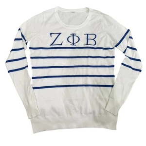 Zeta Phi Beta Crewneck Striped Sweater in White/Blue, Size S - Picture 1 of 3