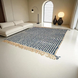 Navy Blue Moroccan Wool Rug, Beige Geometric Berber Carpet - Picture 1 of 6