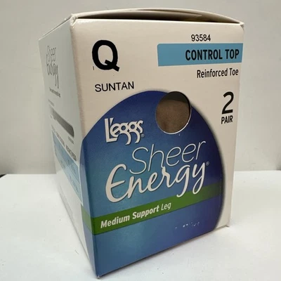 Leggs Sheer Energy Pantyhose Nylon Suntan Control Top Reinforced Toe Queen Q 2pk - Image 1 of 4