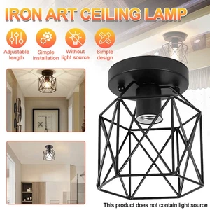 Vintage Hallway Ceiling Light Black Semi-Flush Mount Cage Lamp E27 Bulb Mount - Picture 1 of 13