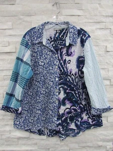 Habitat Blue Purple Multi-Pattern Rumpled Art-to-Wear Funky Shirt Blouse M - Picture 1 of 6