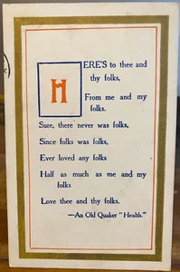 Postal de novedad OLD QUAKER HEALTH Here's to Thee and Thy Folks Fort Ann NY 1910 - Imagen 1 de 2