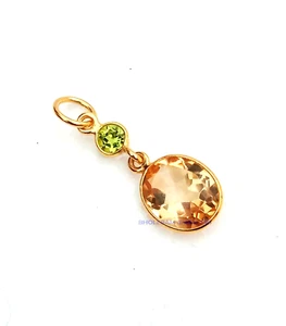 Citrine And Peridot Charm-18k Yellow Gold Pendant, Handmade Solid Gold Pendant - Picture 1 of 4