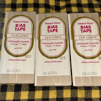 3 Lot J.&P. Coats Single Fold Bias Tape 1/2" Wide 4 Yards Each #16 Ecru Tan - Image 1 of 4