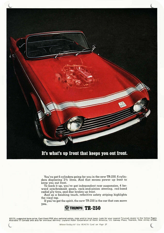 1968 TRIUMPH TR250 CONVERTIBLE Red Car V6 Engine DECORATIVE REPLICA METAL SIGN - Image 1 of 1