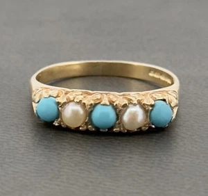 9ct Yellow Gold Turquoise & Pearl Eternity Ring Size L 1/2 Hallmarked - Picture 1 of 10