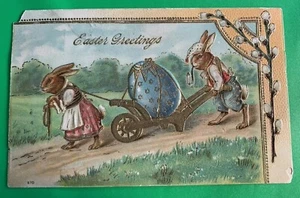 Easter Bunnies w/ Egg in Wheelbarrow Postcard ~ Anthropomorphic ~ Gilt Embossed - Picture 1 of 2