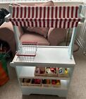 Wooden Play Shop With 7 Boxes Of Accessories And Wire Shopping Basket