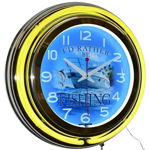 15" I'D RATHER BE FISHING! Double Neon Clock Garage Man Cave Decor (yellow) - Bild 1 von 6
