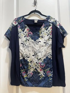 Chico's Navy Blue Floral Top Sz 2(L) VNeck Short Sleeve Armpit To Armpit 23” - Picture 1 of 7