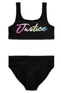 Justice Girls Swimsuit Bikini Black Size 5/6 Lined Colorful Logo 2 Piece Set - Picture 1 of 10