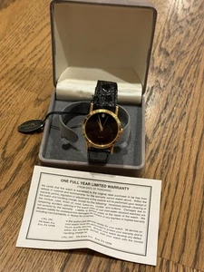 Unused Quartz Watch Unisex Gold Tone Diamond Black Leather Analog Original Box - Picture 1 of 17