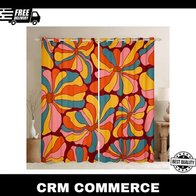 Vintage Boho Plant Floral Curtains for Living Room 60S 70S Groovy Rainbow Bla... - Image 1 of 4