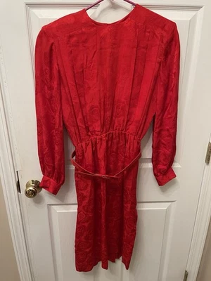 Vintage 80s Liz Claiborne Silk Dress Red Belted Shoulder Pads Rose Pattern - Image 1 of 4