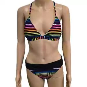 U.S. POLO ASSN. Multicolor Neon Striped Halter Bikini Set Size Medium - Picture 1 of 6