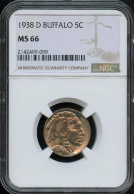NGC - Buffalo Nickel - 5c - 1938 D - MS -66 - Image 1 of 2