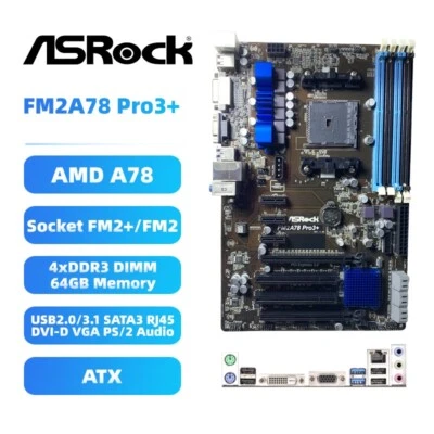 ASRock FM2A78 Pro3+ Motherboard ATX AMD A78 FM2+/FM2 DDR3 SATA3 DVI-D VGA Audio - Image 1 of 4