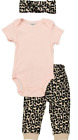 Baby Girl Leopard Print Three Piece Set Pants Bodysuit &amp; Headband 0-3, 3-6, 6-9
