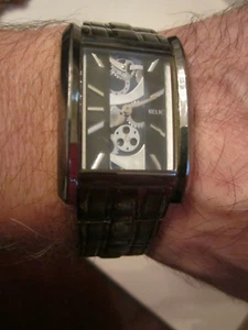 MEN'S RELIC TANK SKELETON DESIGN WATCH - SEE MOVING PARTS - BLACK METAL - BBA-34 - Picture 1 of 7