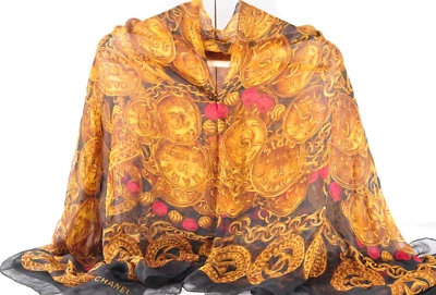 CHANEL Large Scarf chiffon Black x Multicolor Silk Ladies Size 50.8 x 52 Inch - Image 1 of 4