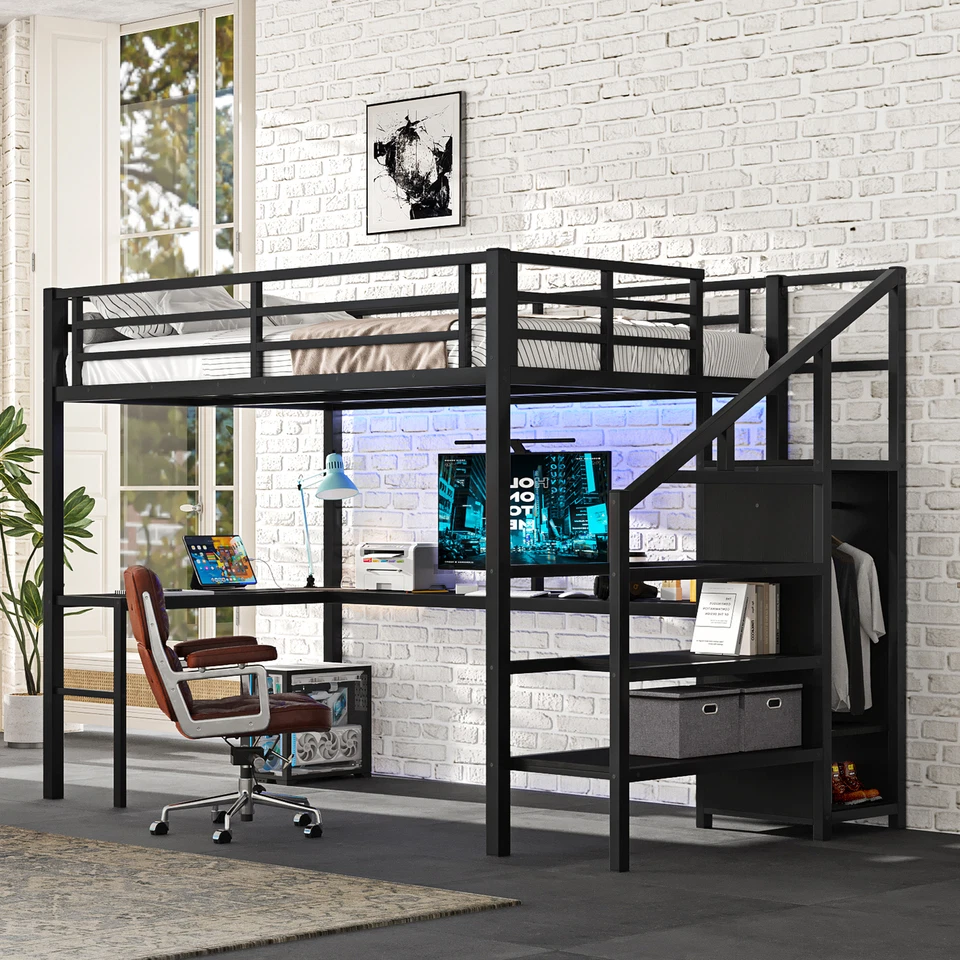 Full Size Loft Bed with L-shaped Desk Wardrobe USB Metal High Loft Bed Frames - Image 1 of 4