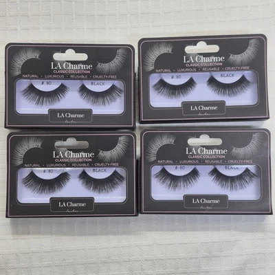 4 New Pair La Charme Human Hair Professional Quality Black EyeLashes #80 - Image 1 of 4
