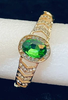 Bangle Bracelet Green Glass Crystal Gold Tone Metal Runway Disco 7" Gold Tone - Image 1 of 4