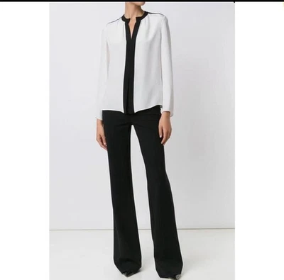 Top de seda DEREK LAM para mujer 4 negro crema cuello Nehru cuello dividido manga larga acampanada Foto 1 de 4