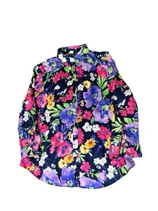 Lauren Ralph Lauren Shirt Women Sz Large Blue Bright Floral Non-iron Button Down - Picture 1 of 10