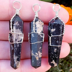 Black Tourmaline natural wire wrap Crystal Healing Gemstone point pendant -1pc - Picture 1 of 3