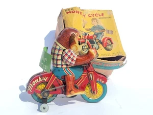 Tin toy 1950's Japan mechanical lithoed MONKEY CIRCUS MOTORCYCLE original box. - Picture 1 of 19