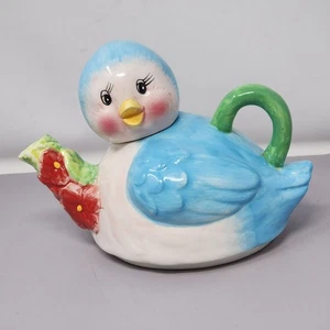 Vintage Bluebird Ceramic Teapot With Floral Spout & Green Handle - Picture 1 of 10