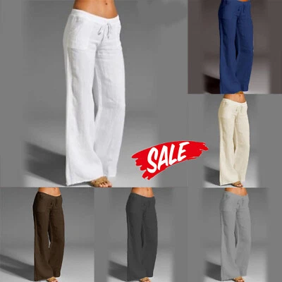 Women High Waist Oversized Wide Leg Linen Rich Trousers Casual Elasticated Pant  - Image 1 of 4