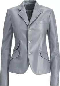 Women Blazer Gray Lambskin Leather Handmade Genuine Stylish  Party Formal Casual - Picture 1 of 5
