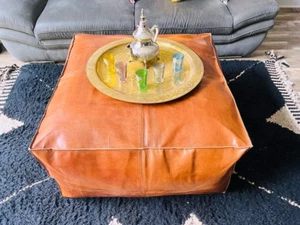 Ottoman New Brown 30'' Pouffe Boho Unstuffed Square Moroccan Leather Footstool - Picture 1 of 10