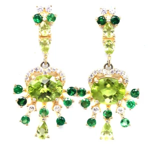 925 Sterling Silver 7 x 9 MM. Green Peridot, Chrome Diopside & Zircon Earrings - Picture 1 of 4