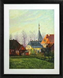 Pastell Gemälde Landschaft Stadt Kirche Monogrammiert  Paul Wassily Norddeutsch - Picture 1 of 6