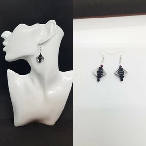 Handmade Glass Bead Earrings Blk/Purpl Zebra Stripe silver Dangle Hook Earrings - Picture 1 of 10