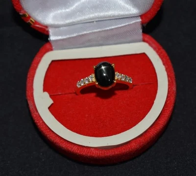 Anello zaffiro stella nera 8x6 mm placcato oro argento sterling 925,... - Immagine 1 di 4
