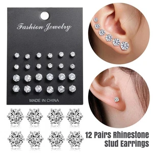 12 Pairs Cubic Zirconia Silver Earring Set Round Grand Party Bling UK CZ - Picture 1 of 6