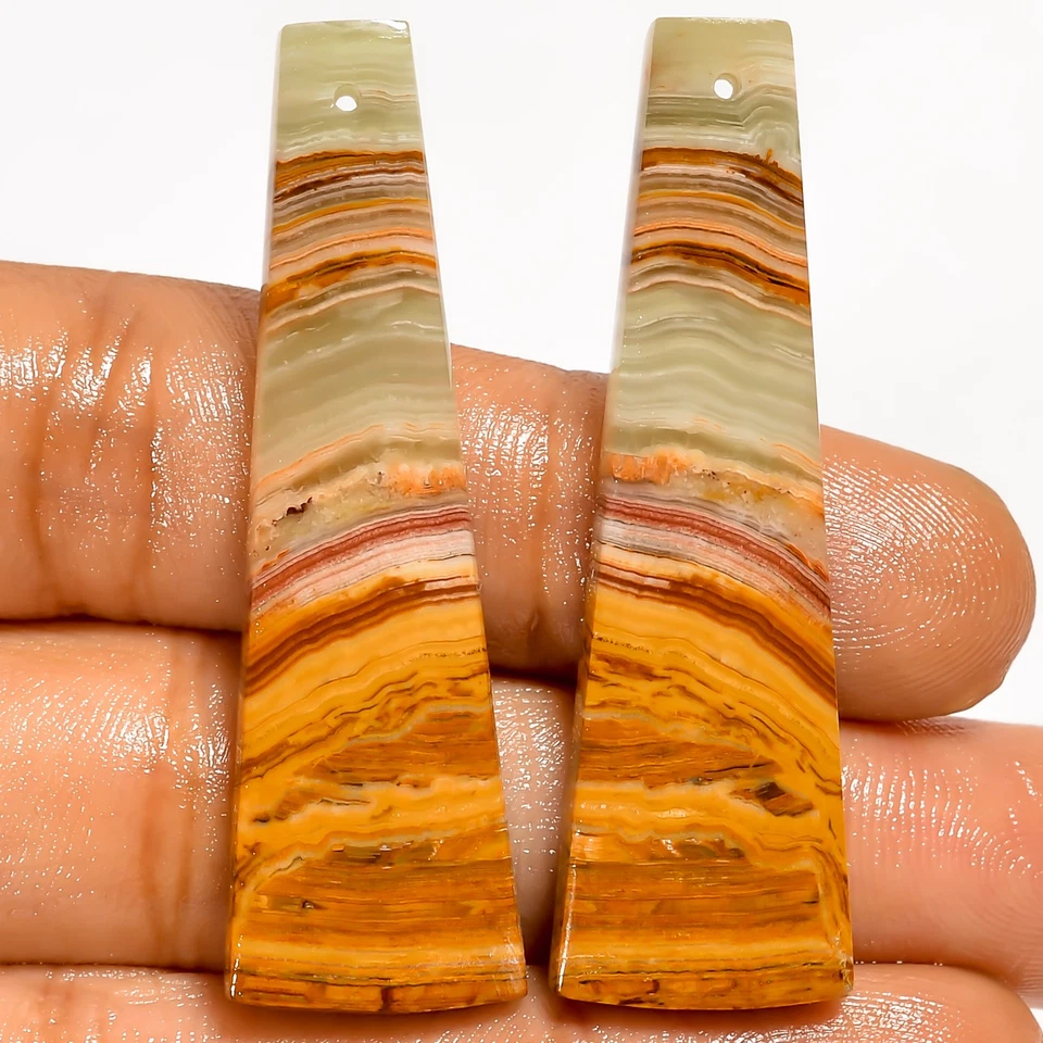 Banded Calcite Fancy Cabochon Drilled Stone Pair 44.5 Ct 46X14X3 mm DE-158 - Image 1 of 1