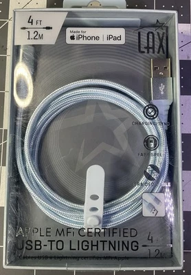 LAX Apple MFI-сертифицированный кабель зарядки и синхронизации Lightning 4 фута синий цвет - Изображение 1 из 2