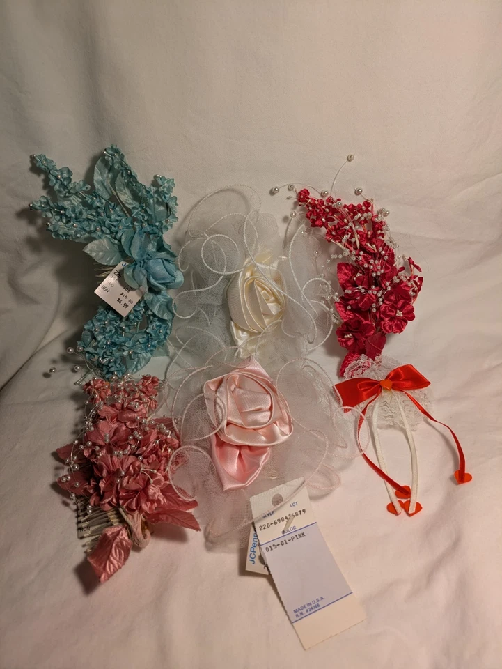 6 peines de pasadores de la década de 1980 cosplay damas de honor perla satinado flor accesorios para el cabello  Foto 1 de 4