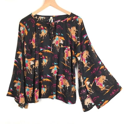 ROPER Western Spit Bell Manga Top Feminino G Preto Rodeio Gravata Cowboy Novidade CE - Imagem 1 de 4