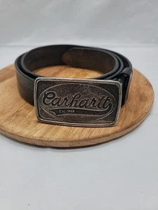Mens A427 Vintage 90's Carhartt Black Leather Belt Size 38 Large Silver Buckle - Picture 1 of 10