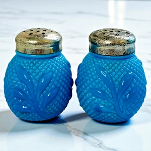 EAPG Blue Opaque Diamond Point & Leaf Salt and Pepper Shakers Set Milk Glass HTF - Picture 1 of 12