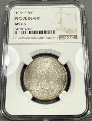 1936-S Rhode Island Half Dollar 50c - NGC MS66 - Nice Original Surfaces - Image 1 of 2