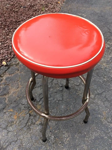 Vintage Retro Red Seat 29” Bar Stool W/ White Piping - Good Cover